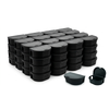 A product photograph shows a bulk supply of matte black plastic mouse bait stations against a white background. The central part of the image features approximately 100 rectangular, semi-circular-lidded bait stations stacked neatly in several vertical columns. Each closed station has embossed text on the lid that reads "CAUTION: DO NOT TOUCH." To the lower right of the main stack, a single closed bait station is shown next to 